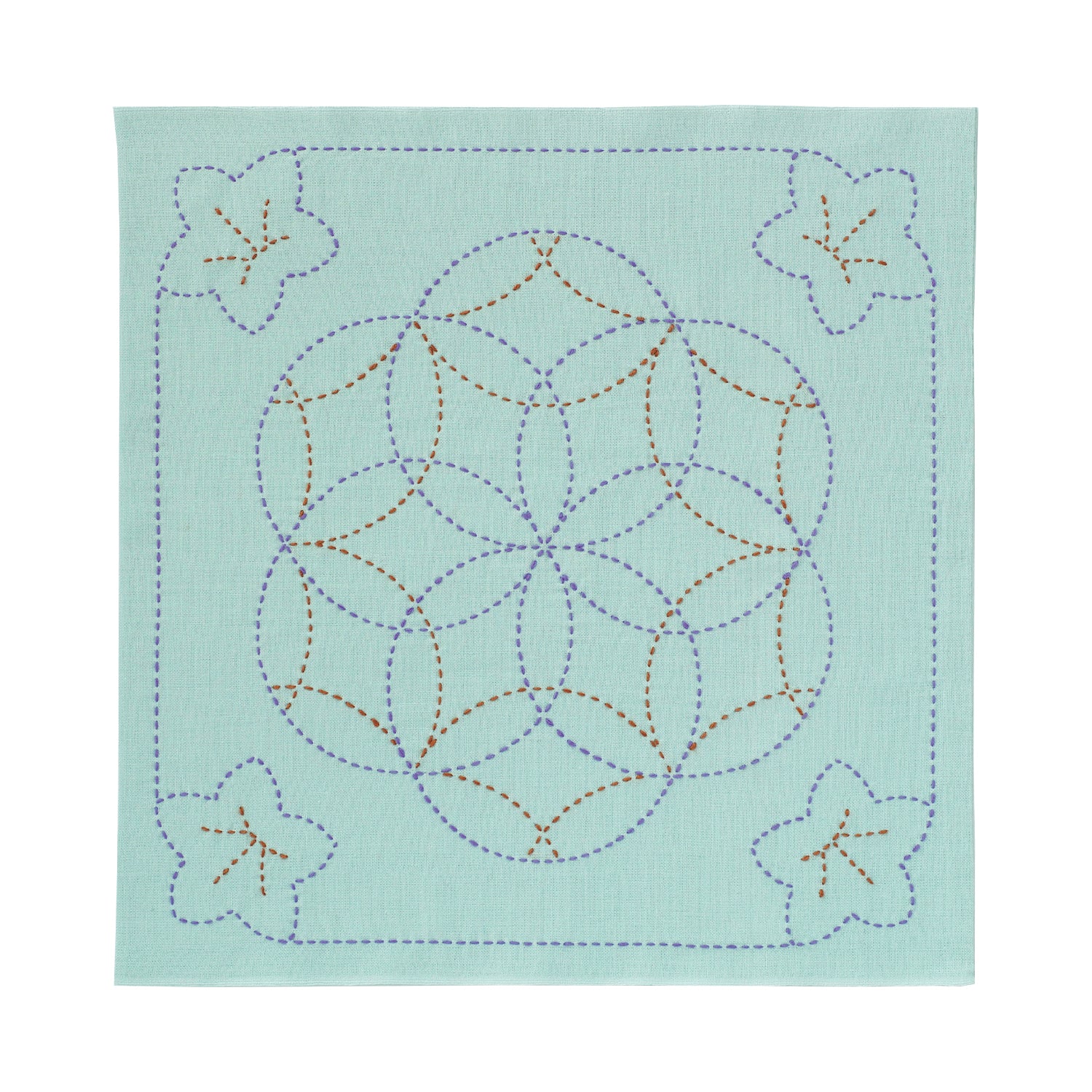 刺し子245 花ふきん桔梗と花刺し（浅葱）